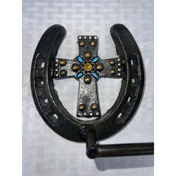2 PIECE Cross HORSESHOE BATHROOM SET RUSTIC WESTERN DECOR TP Holder‎ Towel Ring - Picture 3 of 11